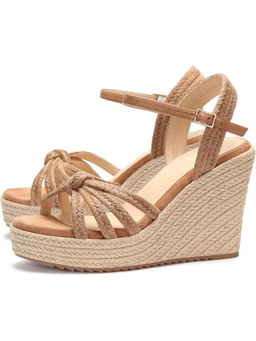 Women's Tan Espadrille Platform Wedge Sandals Open Toe Ankle Strap Heels